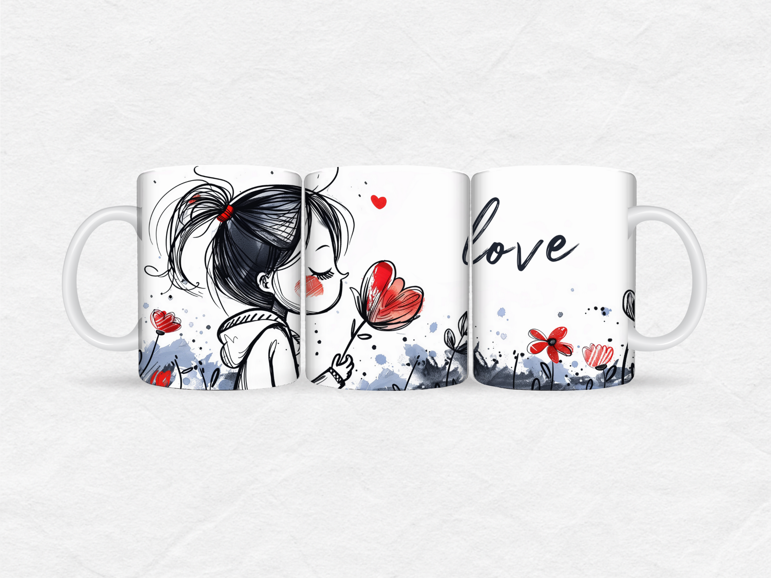 Mug Amour – Fille aux fleurs et cœurs “Love”