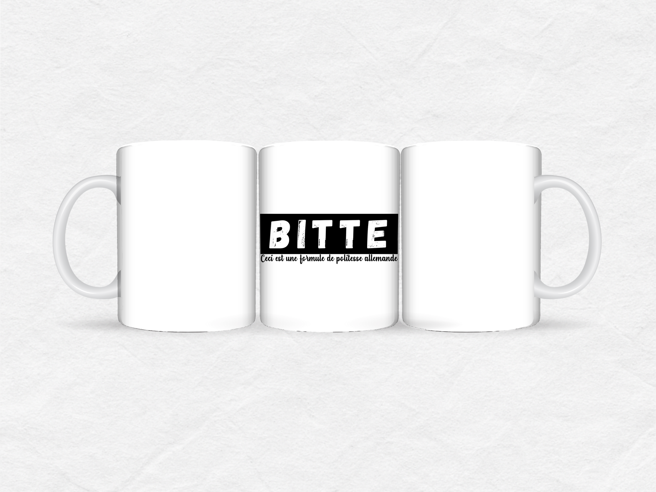 Mug humour – “BITTE” design parodique noir & blanc