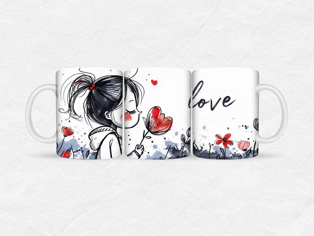 Mug Amour – Fille aux fleurs et cœurs “Love”