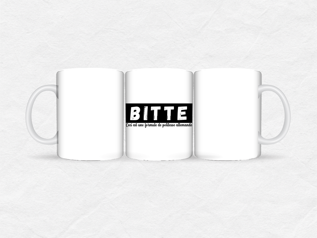Mug humour – “BITTE” design parodique noir & blanc
